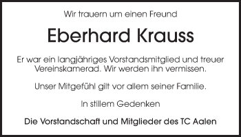 Traueranzeige von Eberhard Krauss von Schwäbische Post