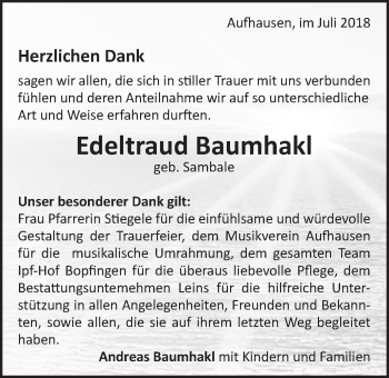 Traueranzeige von Edeltraud Baumhakl von Schwäbische Post