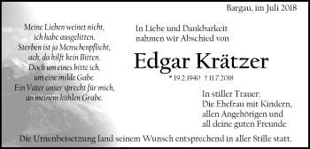 Traueranzeige von Edgar Krätzer von Gmünder Tagespost