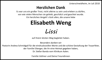 Traueranzeige von Elisabeth Weng von Schwäbische Post