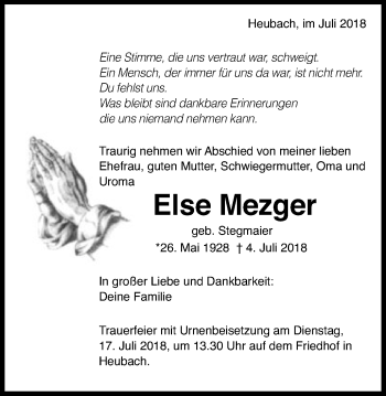 Traueranzeige von Else Mezger von Gmünder Tagespost