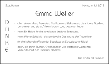 Traueranzeige von Emma Weller von Gmünder Tagespost