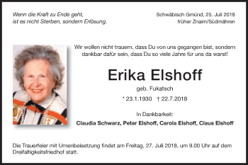 Traueranzeige von Erika Elshoff von Gmünder Tagespost