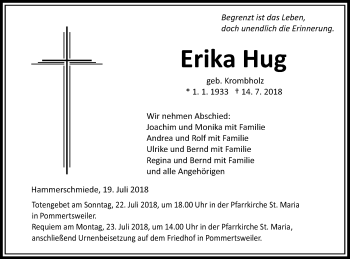 Traueranzeige von Erika Hug von Schwäbische Post