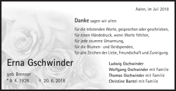 Traueranzeige von Erna Gschwinder von Schwäbische Post