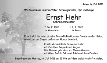 Traueranzeige von Ernst Hehr von Schwäbische Post