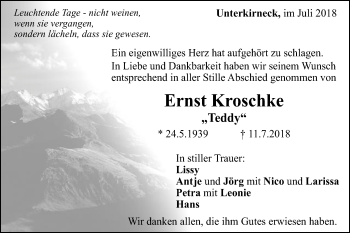Traueranzeige von Ernst Kroschke von Gmünder Tagespost
