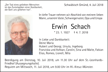 Traueranzeige von Erwin Schach von Gmünder Tagespost
