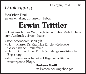 Traueranzeige von Erwin Trittler von Schwäbische Post