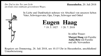 Traueranzeige von Eugen Haag von Gmünder Tagespost