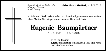 Traueranzeige von Eugenie Baumgärtner von Gmünder Tagespost