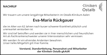 Traueranzeige von Eva-Maria Rückgauer von Schwäbische Post