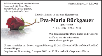 Traueranzeige von Eva-Maria Rückgauer von Schwäbische Post