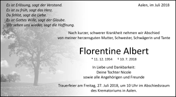 Traueranzeige von Florentine Albert von Schwäbische Post
