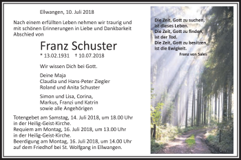 Traueranzeige von Franz Schuster von Schwäbische Post