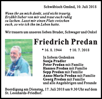 Traueranzeige von Friedrich Predan von Gmünder Tagespost