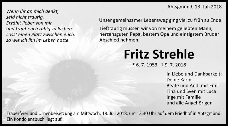  Traueranzeige für Fritz Strehle vom 13.07.2018 aus Schwäbische Post