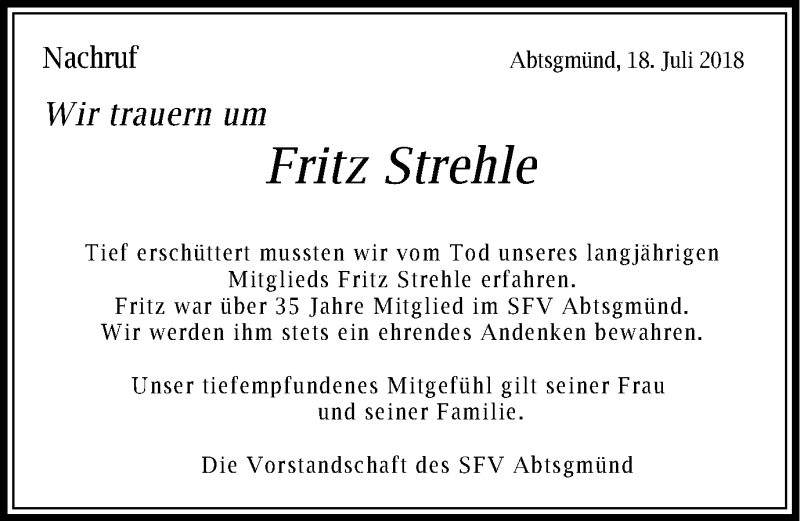  Traueranzeige für Fritz Strehle vom 18.07.2018 aus Schwäbische Post