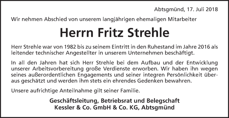  Traueranzeige für Fritz Strehle vom 17.07.2018 aus Schwäbische Post
