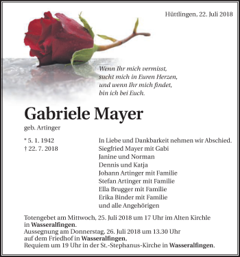 Traueranzeige von Gabriele Mayer von Schwäbische Post