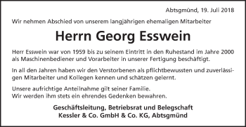 Traueranzeige von Georg Esswein von Schwäbische Post