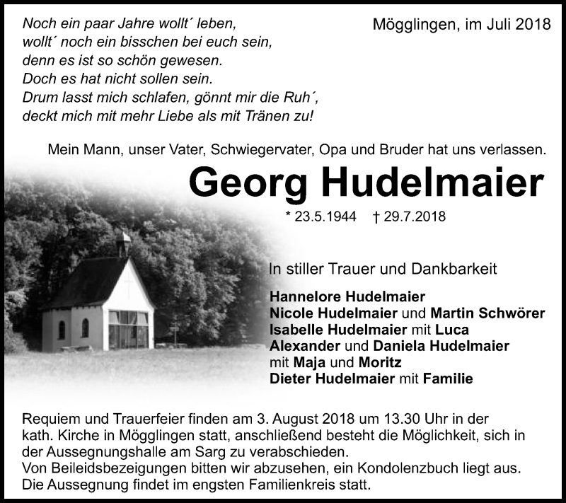  Traueranzeige für Georg Hudelmaier vom 31.07.2018 aus Schwäbische Post