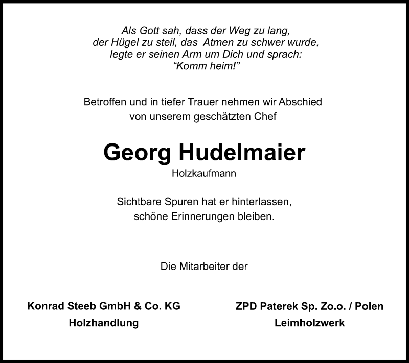  Traueranzeige für Georg Hudelmaier vom 31.07.2018 aus Schwäbische Post