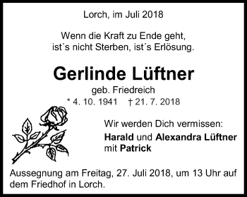 Traueranzeige von Gerlinde Lüftner von Gmünder Tagespost