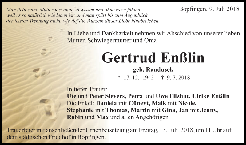  Traueranzeige für Gertrud Enßlin vom 11.07.2018 aus Schwäbische Post