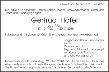 Traueranzeige von Gertrud Höfer von Gmünder Tagespost