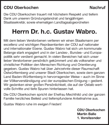 Traueranzeige von Gustav Wabro von Amtsblatt_Oko