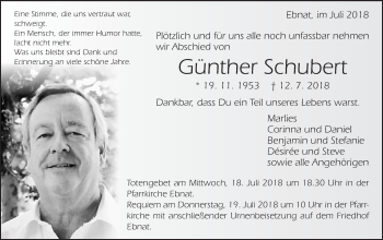 Traueranzeige von Günther Schubert von Schwäbische Post