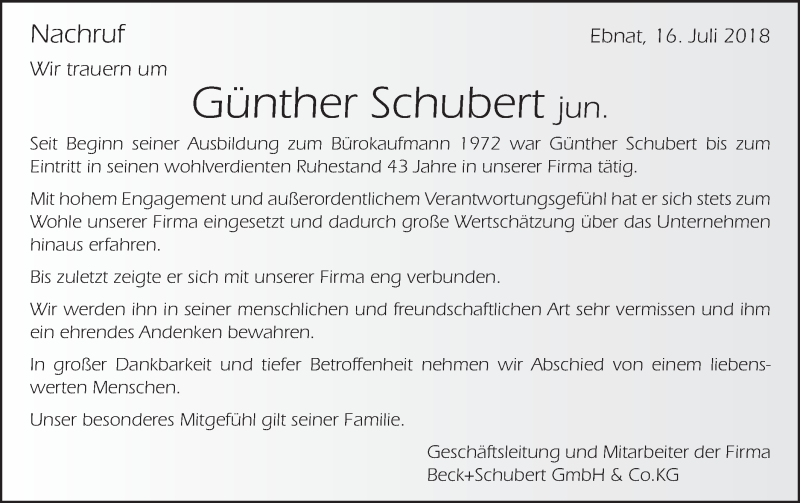  Traueranzeige für Günther Schubert vom 16.07.2018 aus Schwäbische Post