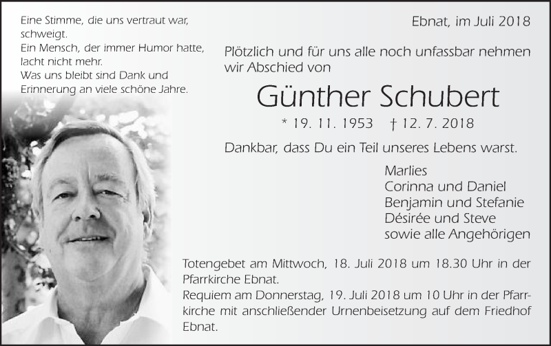  Traueranzeige für Günther Schubert vom 16.07.2018 aus Schwäbische Post