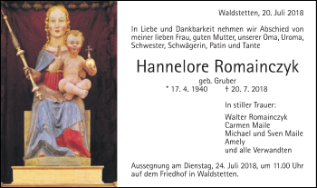 Traueranzeige von Hannelore Romainczyk von Gmünder Tagespost