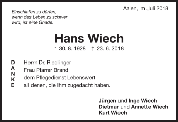 Traueranzeige von Hans Wiech von Schwäbische Post