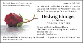 Traueranzeige von Hedwig Ehinger von Schwäbische Post
