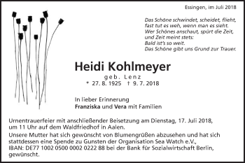 Traueranzeige von Heidi Kohlmeyer von Schwäbische Post