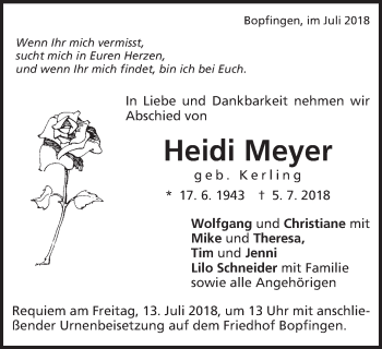 Traueranzeige von Heidi Meyer von Schwäbische Post
