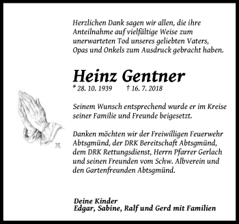 Traueranzeige von Heinz Gentner von Kocher-Lein-Bote