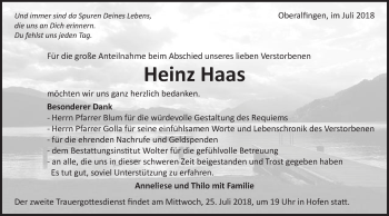 Traueranzeige von Heinz Haas von Schwäbische Post