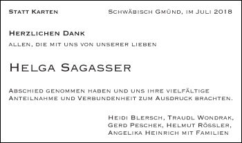 Traueranzeige von Helga Sagasser von Gmünder Tagespost