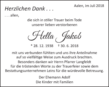 Traueranzeige von Hella Jakob von Schwäbische Post