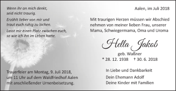 Traueranzeige von Hella Jakob von Schwäbische Post