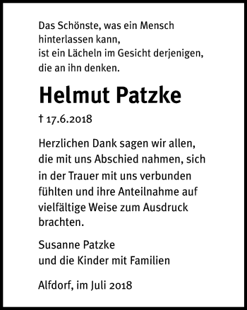 Traueranzeige von Helmut Patzke von Gmünder Tagespost