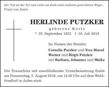 Traueranzeige von Herlinde Putzker von Schwäbische Post