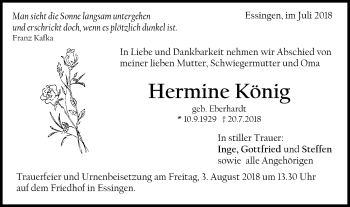 Traueranzeige von Hermine König von Schwäbische Post