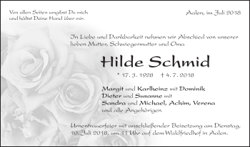 Traueranzeige von Hilde Schmid von Schwäbische Post