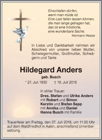 Traueranzeige von Hildegard Anders von Schwäbische Post