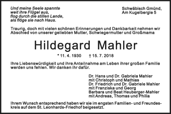 Traueranzeige von Hildegard Mahler von Gmünder Tagespost